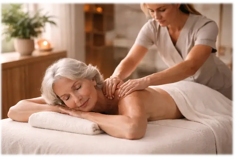 Séance de massage thérapeutique favorisant la récupération et le bien-être chez une personne mature