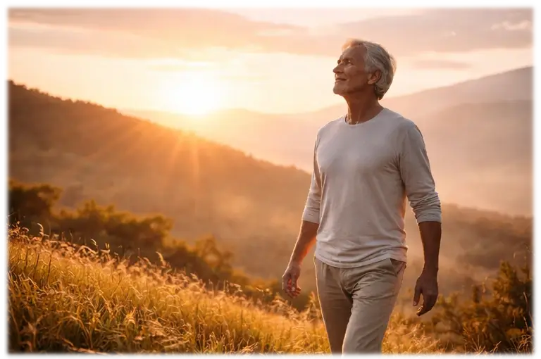 Personne senior au lever du soleil symbolisant la vitalité et le vieillissement en bonne santé